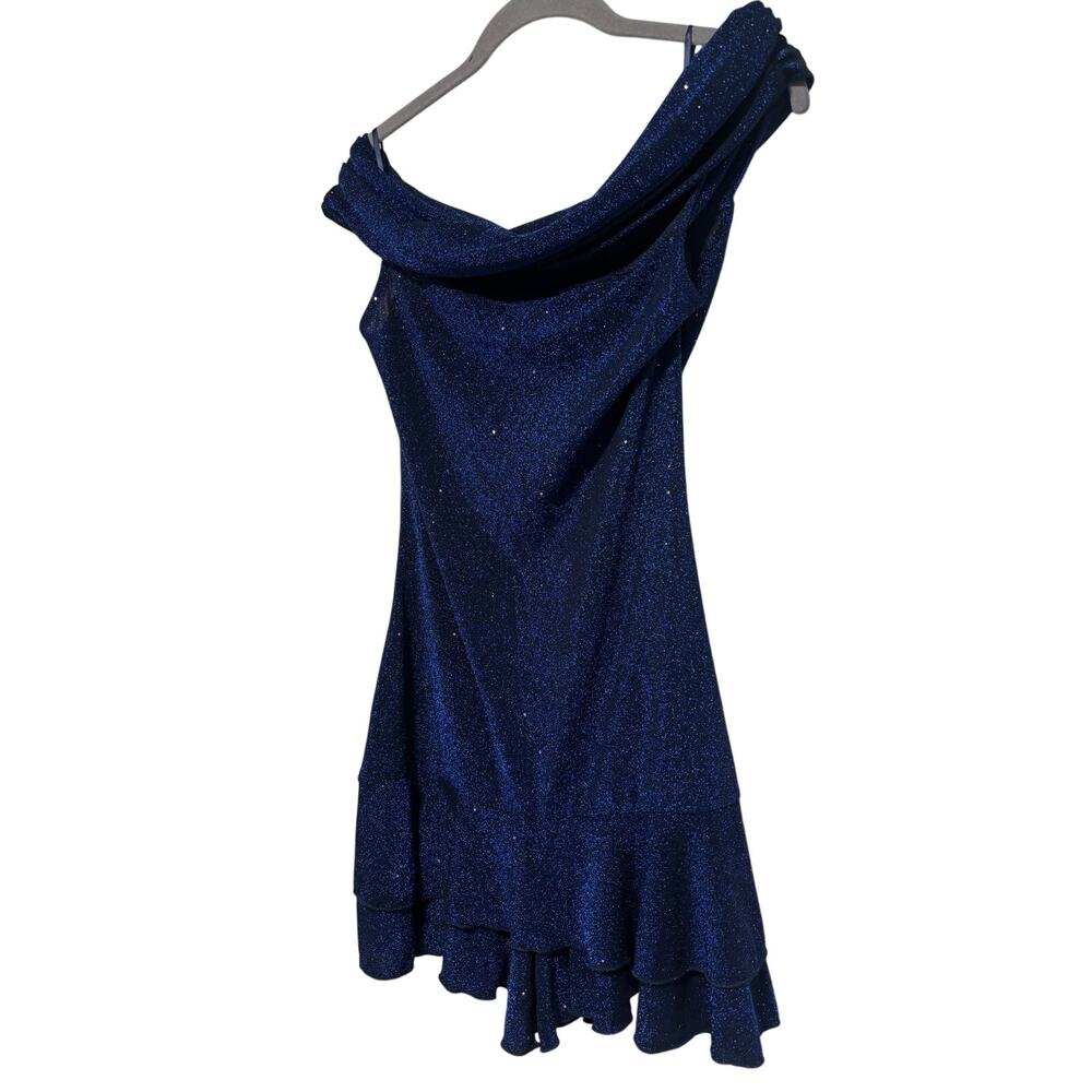 CHICME Women's Navy Blue Glitter Off Shoulder Ruffle Mini Dress Size L - Picture 3 of 7